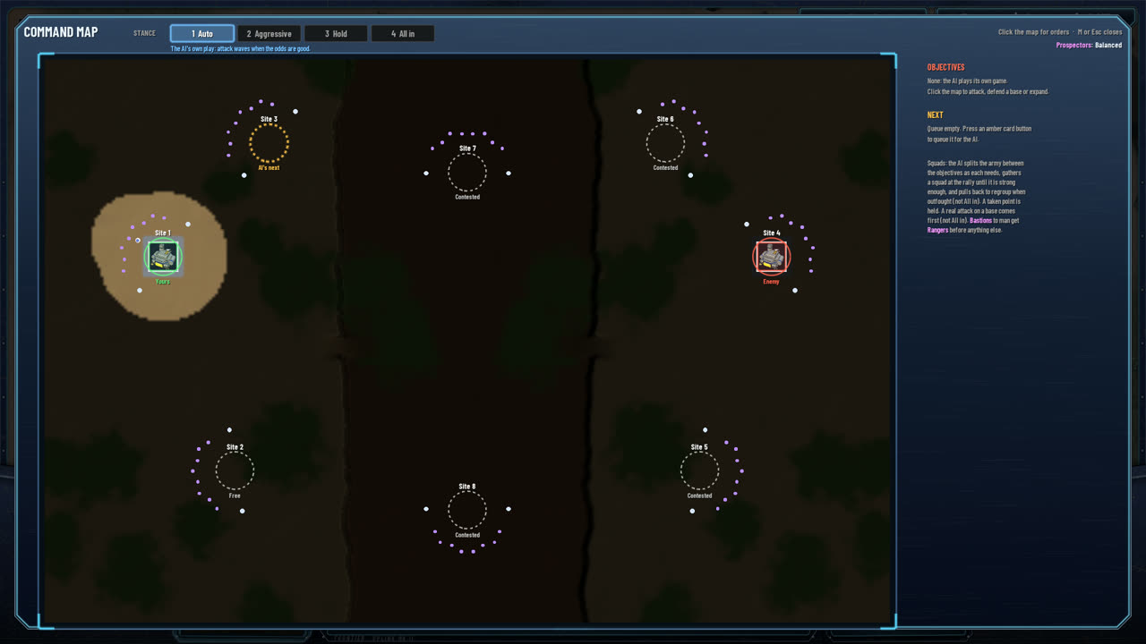 The command map: the bases of the map and the team's objectives