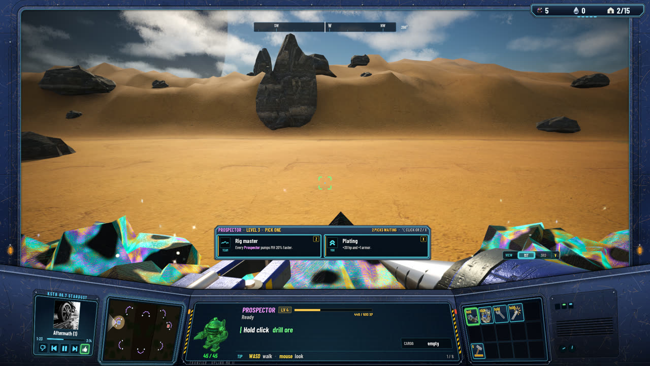A level-up: two upgrade cards over the Prospector's cockpit