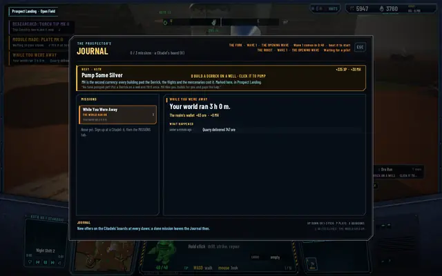The Journal open on WHILE YOU WERE AWAY: Your world ran 3 h 0 m., the realm's wallet +83 ore, and under What happened one row, under a minute ago, Quarry delivered 747 ore