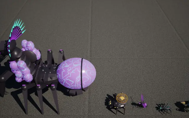 After: the Matriarch's sac a glossy violet shell with pale veins, her pods clustered and lit