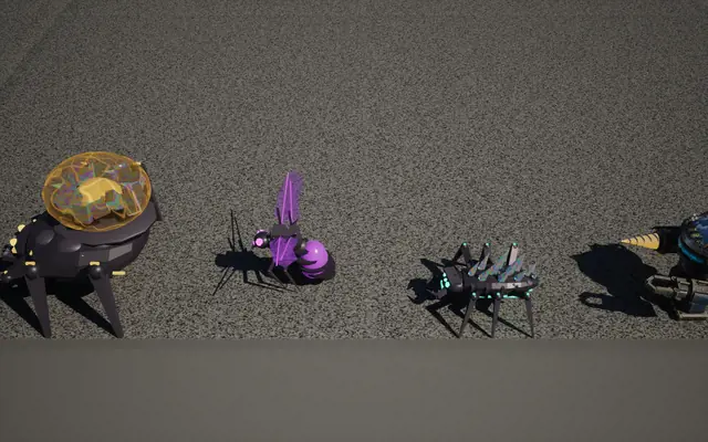 After: the Lodeback's sac gold glass with ore inside, the Gloamwing's wings violet glass, the Shardling's quills opal