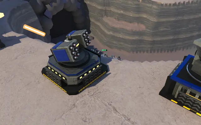 A Sentinel and a Gatling Gun on The Fork's rim, a tracer streaking from the gun