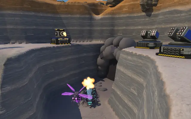 A Gloamwing in the canyon hit by a burst from the Sentinels on the rim