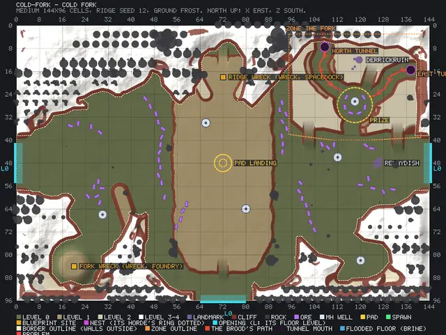 The top-down preview of the Cold Fork region file: the zone's outline, the two tunnels, the Brood's paths and the prize, with no build spots marked