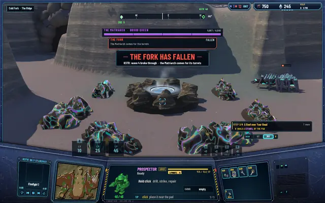 The banner THE FORK HAS FALLEN: wave 4 broke through, the Matriarch comes for its turrets