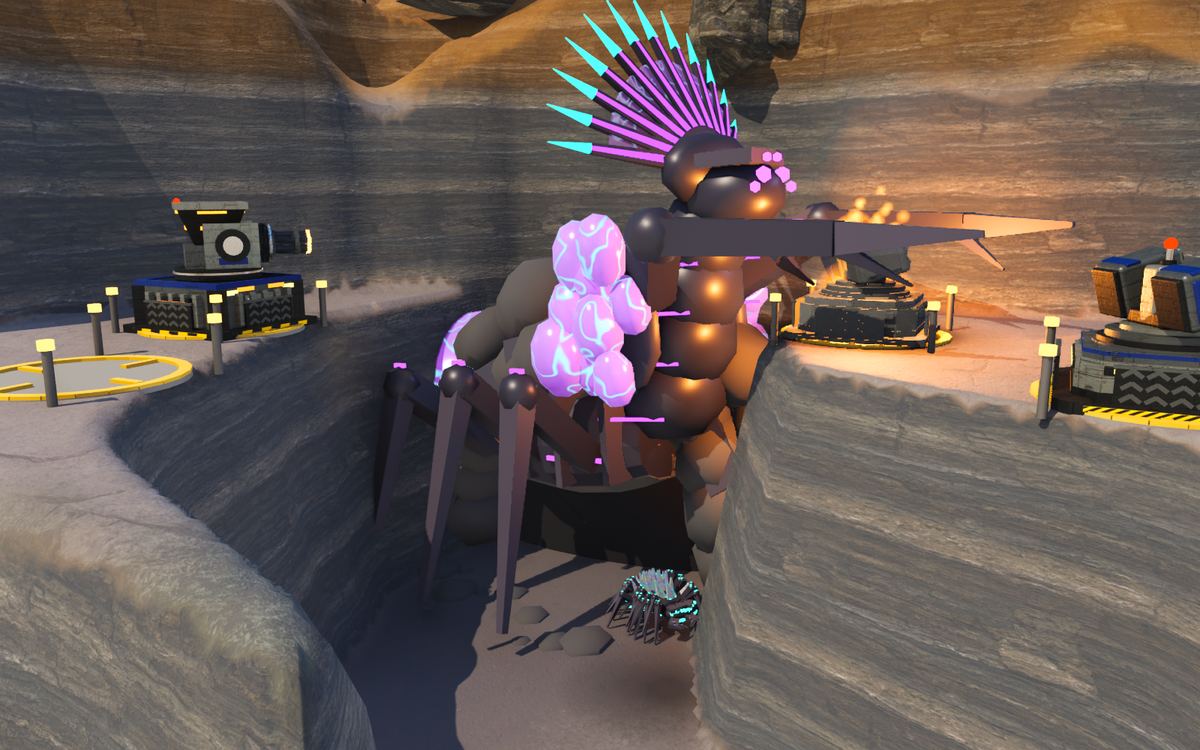 The Matriarch rearing out of a tunnel in the canyon wall, her crown spread, between turrets on the rims