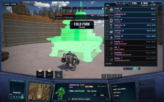 The Citadel's green blueprint placed on the mesa in Cold Fork, the Prospector in front of it, the build menu open with Citadel at 400 ore and 71 seconds to build
