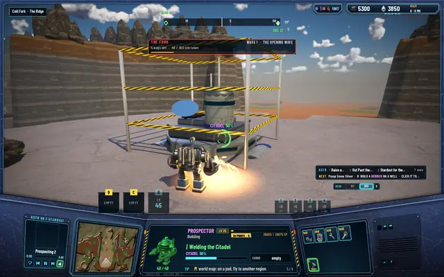 The Citadel half built inside yellow and black construction tape, the Prospector welding at its base with sparks, CITADEL 50% over it