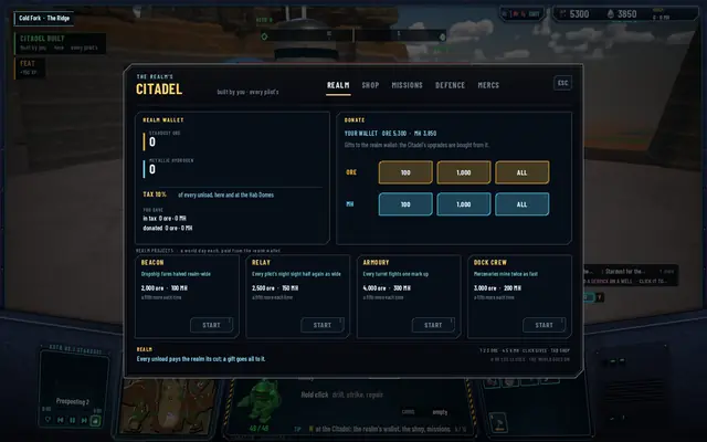The Citadel screen opened in Cold Fork: THE REALM'S CITADEL, built by you, the realm wallet, the 10% tax line, the donate buttons and the four realm project cards