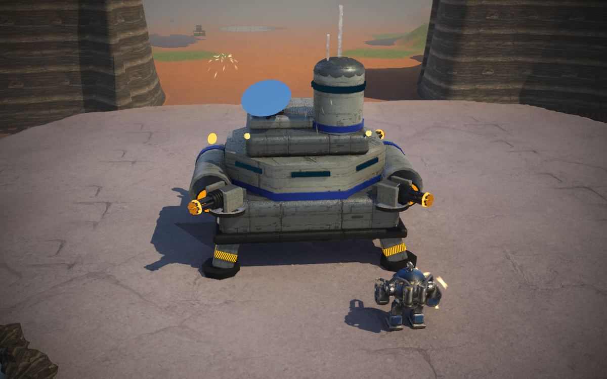 The finished Citadel on a mesa in Cold Fork, a grey hull with a blue band, a tower, a dish and corner gatling guns, the Prospector standing beside a leg, the orange valley floor and a Landing Pad far below