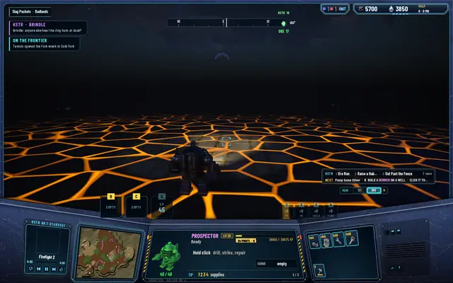 The same view at night: only the lava-lit ground near the Prospector