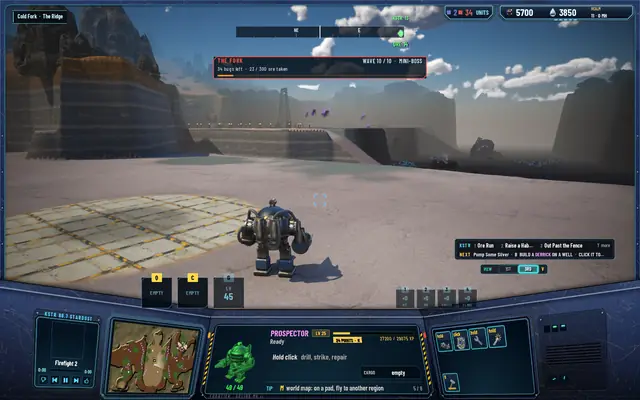 The Fork at noon with wave 10 out, 34 bugs on the panel, the whole canyon drawn
