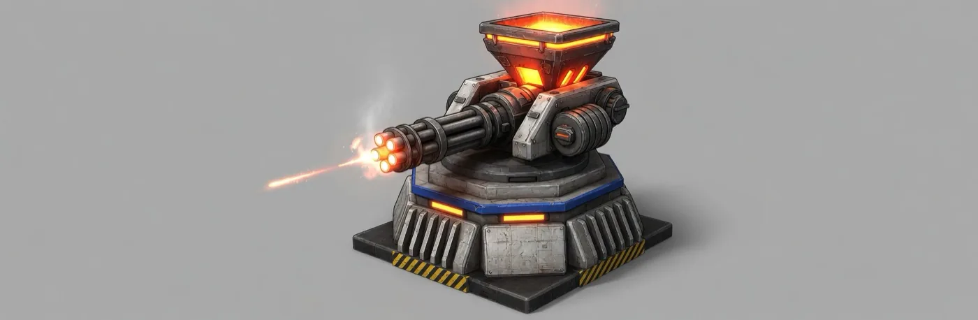 Concept painting of a gatling turret with a glowing furnace hopper on top, firing