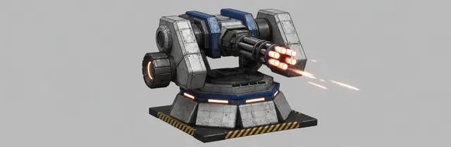 Gatling concept cradle: the gun in an open cradle between two arms, a glowing ammo drum