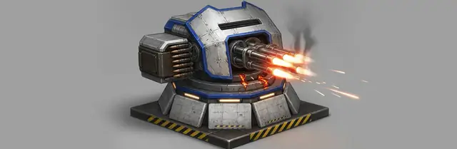 Gatling concept bunker: an octagonal base, a sloped shield and a side belt box
