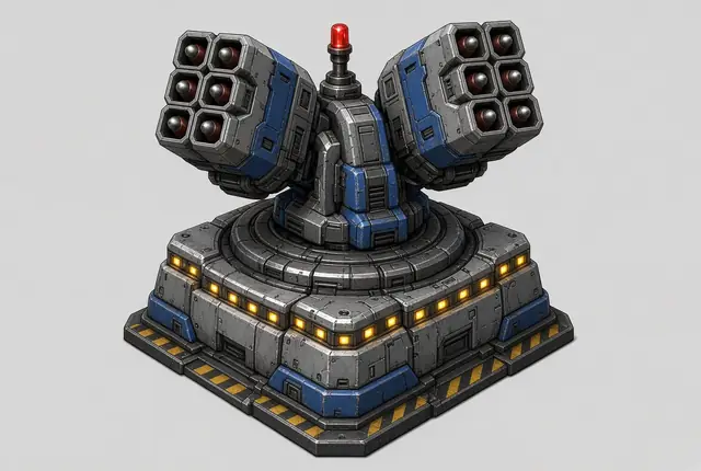The Sentinel concept: a square bunker with two raised missile pods on a yoke