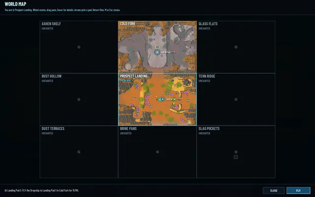 The world map at a Landing Pad, Landing Pad 1 in Cold Fork picked, FLY for 15 MH