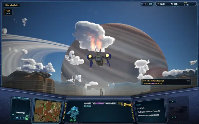 The Dropship descending on its thrusters, the gas giant behind it