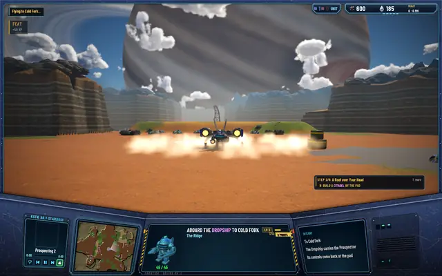The Dropship on the pad in a cloud of dust as the Prospector boards