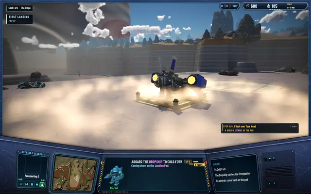 The Dropship settling on the pad in Cold Fork in a cloud of dust