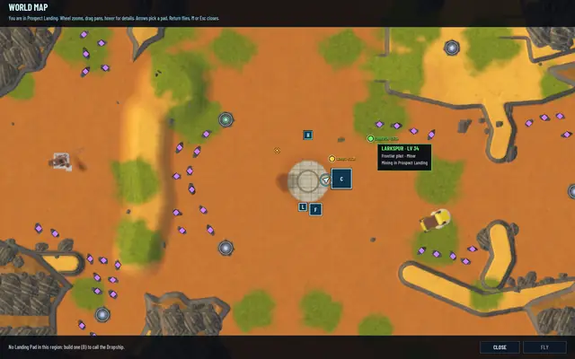 The map tooltip LARKSPUR · LV 34, Frontier pilot · Miner, Mining in Prospect Landing