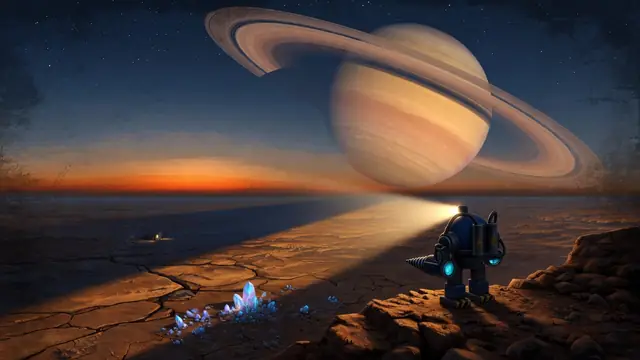 Painted key art: a Prospector on a cliff at dusk, its headlamp on, the ringed giant filling the sky