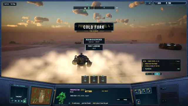 A Prospector landing in dust at Cold Fork, banners for a new region and a first landing