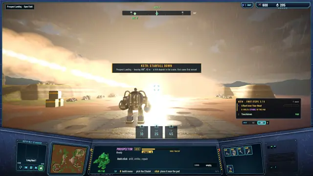 A meteor's blinding impact behind the Prospector, with a KSTR STARFALL DOWN banner