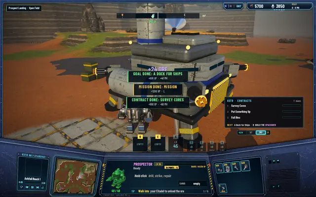 Before: a goal, a mission and a contract done all at once, stacked in the middle of the screen over the Prospector
