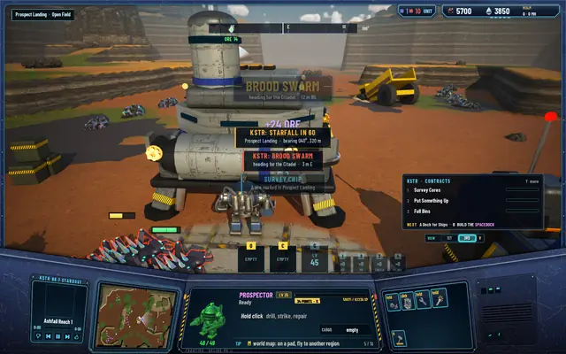 Before: a raid, with the BROOD SWARM banner, a starfall warning, ore and a survey chip all overlapping mid-screen