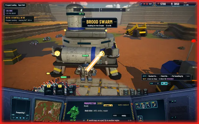 After: BROOD SWARM alone under the compass, the starfall warning and the ore in the lane
