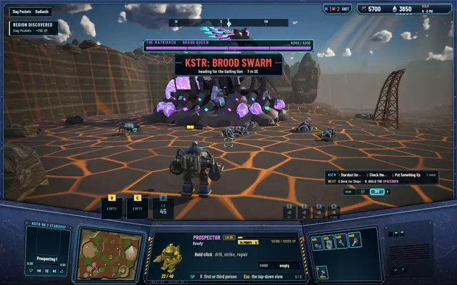After: the boss bar a compact plate under the compass, the banner KSTR: BROOD SWARM under it