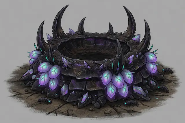 Concept painting of the nest: a ring mound of black chitin with curved spines round its rim and clusters of glowing violet egg pods
