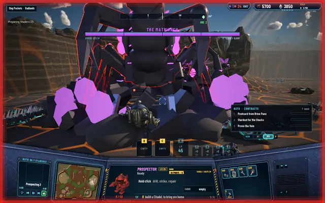 Close up, the Matriarch's forelimbs crashing down on the Prospector, the screen edged in red