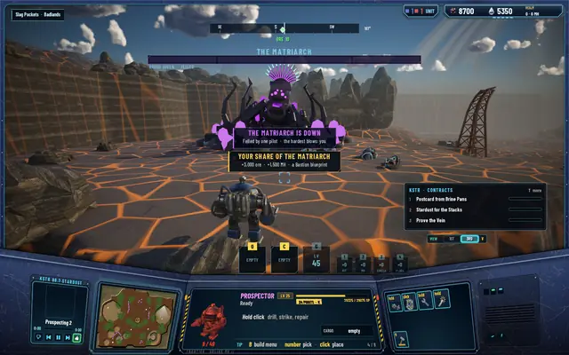 The Matriarch fallen, with the toasts THE MATRIARCH IS DOWN and YOUR SHARE OF THE MATRIARCH: 3,000 ore, 1,500 MH, a Bastion blueprint