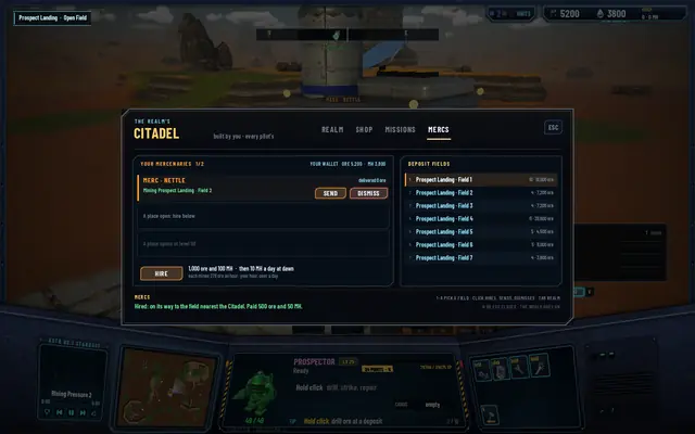 The MERCS tab after hiring Nettle, with SEND and DISMISS buttons, the next hire at 1,000 ore and 100 MH