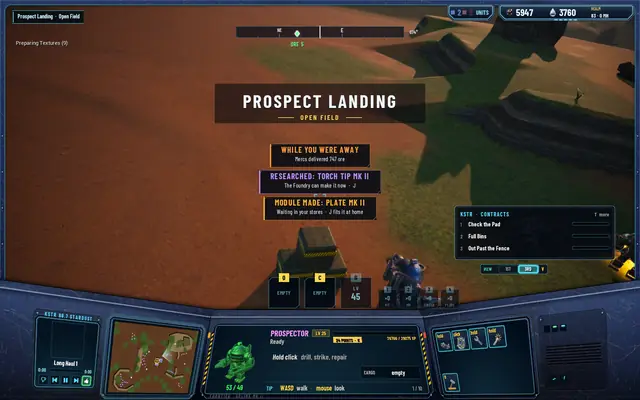 Arriving at Prospect Landing with banners: WHILE YOU WERE AWAY, mercs delivered 747 ore; a research and a module finished