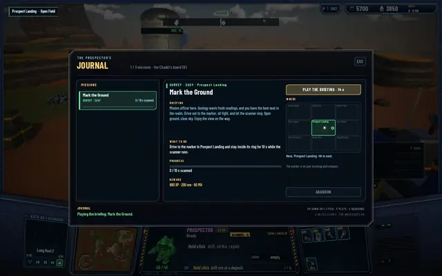 The Journal: Mark the Ground with its briefing, instructions, progress, reward and a map of the regions