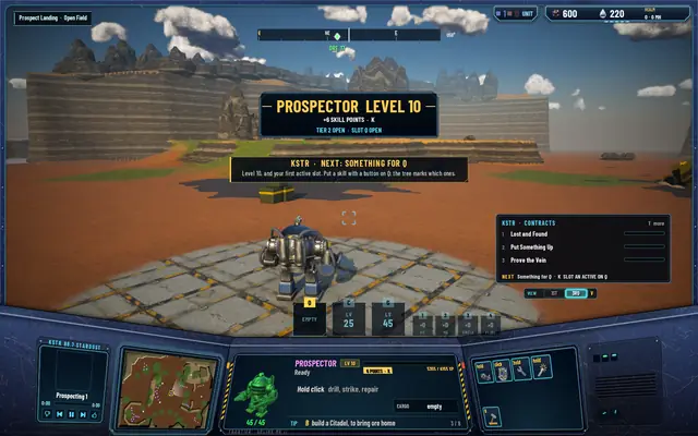 The PROSPECTOR LEVEL 10 banner and the toast KSTR · NEXT: SOMETHING FOR Q