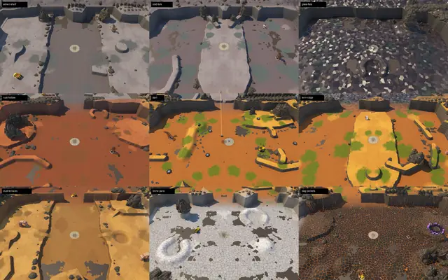Nine regions from above in a grid: Ashen Shelf, Cold Fork, Glass Flats; Rust Hollow, Prospect Landing, Tern Ridge; Dust Terraces, Brine Pans, Slag Pockets