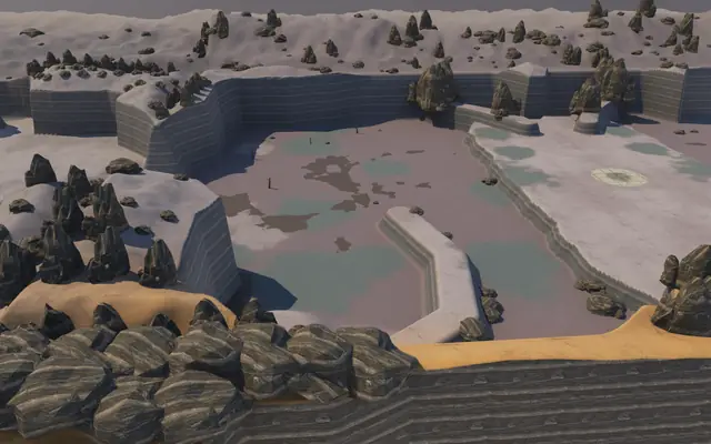 Looking down over a cliff wall into a grey region, rocks and spires along the wall's top