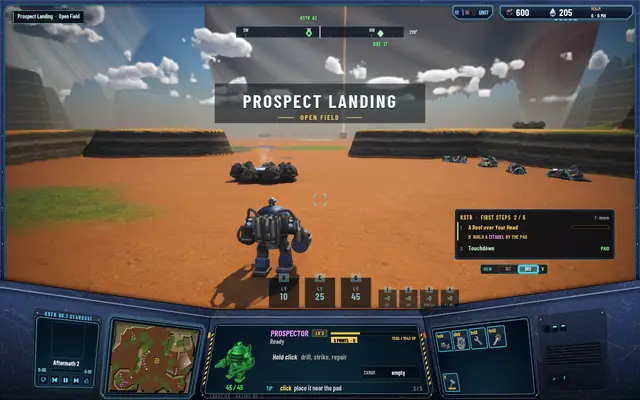 The banner PROSPECT LANDING, Open Field, shown as the Prospector arrives