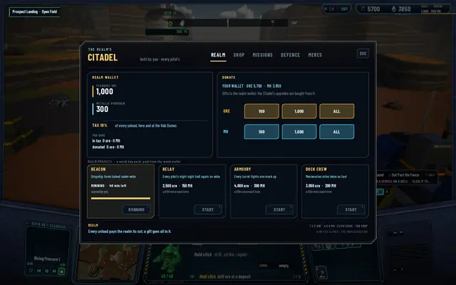 The REALM tab with the wallet, the 10% tax line, the donate buttons and the four project cards