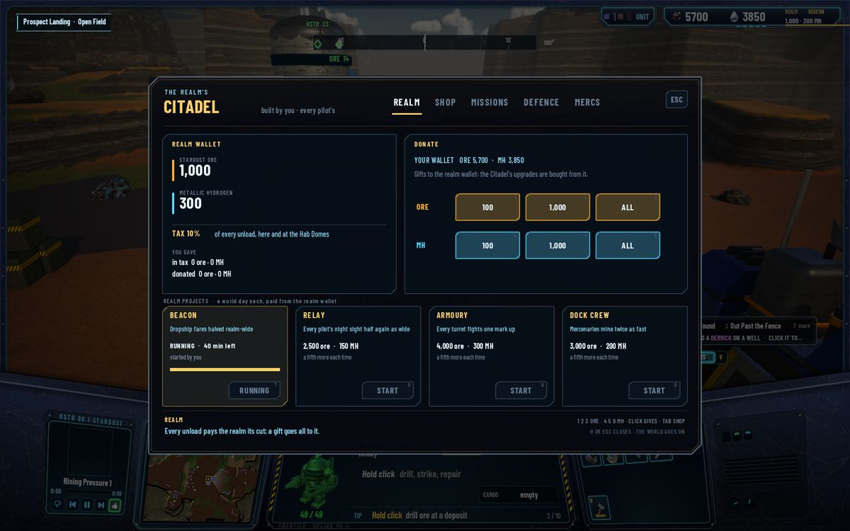 The Citadel's REALM tab: the realm wallet at 1,000 ore and 300 MH, the donate buttons, and four project cards, Beacon running with 40 minutes left, Relay, Armoury and Dock Crew with START buttons and their prices