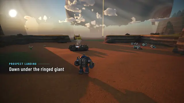 A Prospector at Prospect Landing at dawn, long shadows, the ringed giant low in the sky