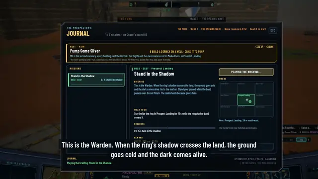 The Journal open on the mission Stand in the Shadow, its briefing playing, subtitled