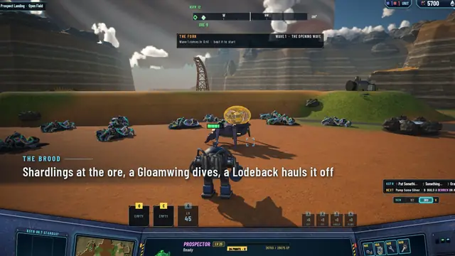 Shardlings at an ore deposit, a Gloamwing diving, a Lodeback hauling ore off