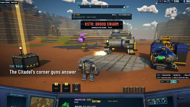 The Citadel's corner guns firing at a swarm, KSTR: BROOD SWARM on the HUD