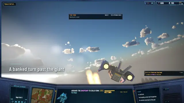 The Dropship in a banked turn past the ringed giant