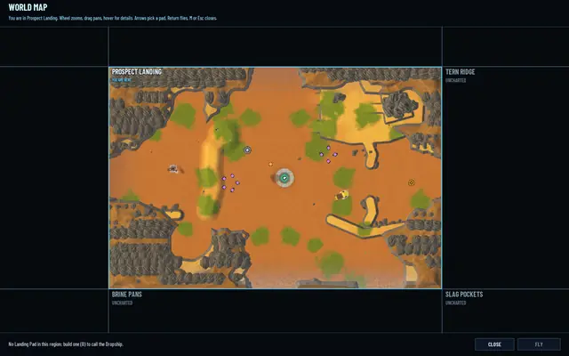 The world map on Prospect Landing: two clusters of violet ore mounds, five west of the pad and four east, one MH well north of them, the pilot at the pad